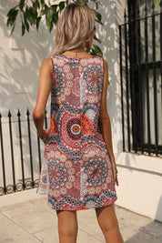 Shiny Printed Round Neck Sleeveless Dress with Pockets