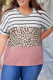 Plus Size Striped Leopard Round Neck Half Sleeve T-Shirt