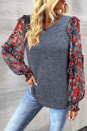 Heathered Floral Frill Lantern Sleeve Blouse