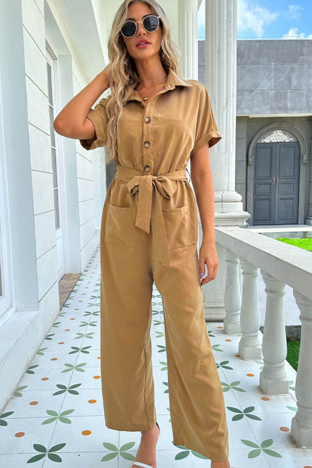 Shiny Tie Belt Buttoned Short Sleeve Collared Neck Jumpsuit