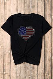 Rhinestone Heart Round Neck Short Sleeve T-Shirt