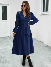 Surplice Neck Long Sleeve Midi Dress