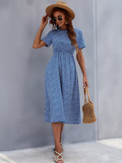 Honey Printed Round Neck Short Sleeve Midi Dress