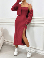 Ribbed Long Sleeve Cropped Cardigan and Slit Cami Dress Set