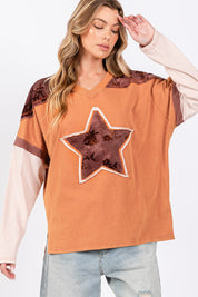 SAGE + FIG Star Patch Long Sleeve Color Block T-Shirt