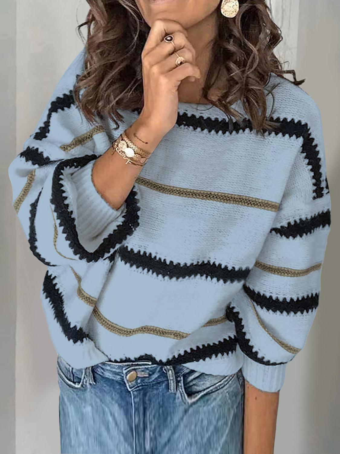 Contrast Striped Round Neck Long Sleeve Sweater