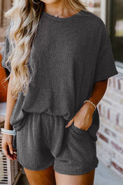 Textured Round Neck Top and Shorts Set