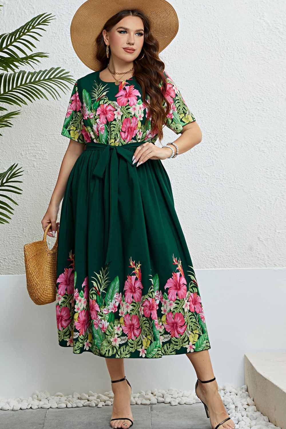 Honey Floral Tie-Waist Round Neck Dress