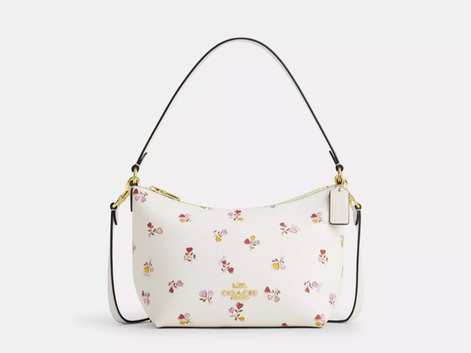 Coach Zip Top Shoulder Bag with Heart print Flowers In Gold/Chalk Multi