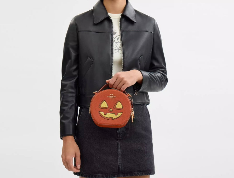 Coach Canteen Crossbody Leather Bag With Halloween Pumpkin Print