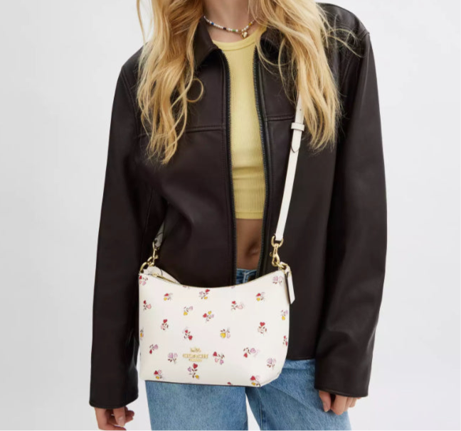 Coach Zip Top Shoulder Bag with Heart print Flowers In Gold/Chalk Multi