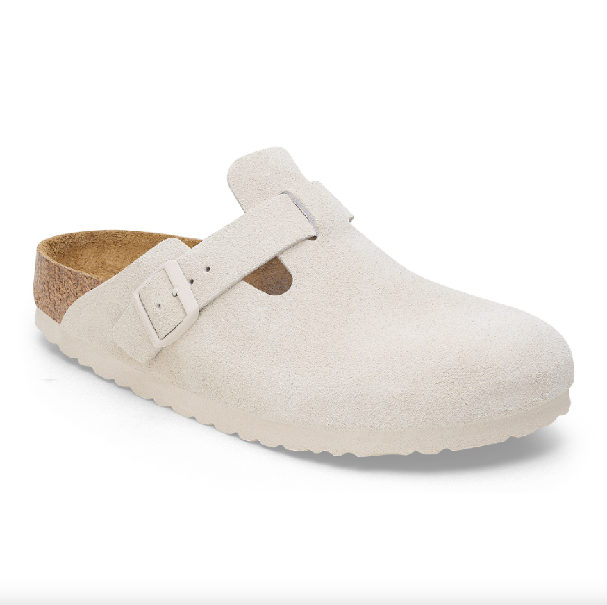 Birkenstock Boston Suede Leather Soft Footbed Clog in Antique White