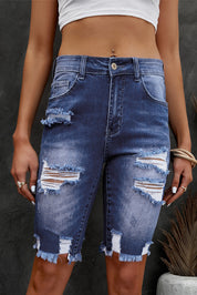 Distressed Frayed Hem Denim Bermuda Shorts