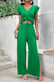 Honey V-Neck Ruffle Hem Top and Slit Pants Set