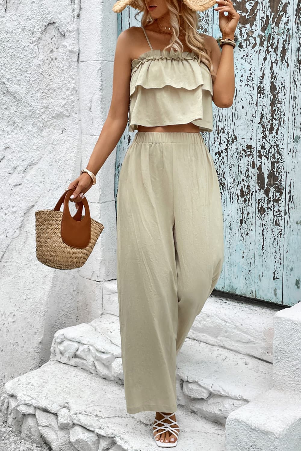 Honey Frill Trim Cami and Wide Leg Pants Set