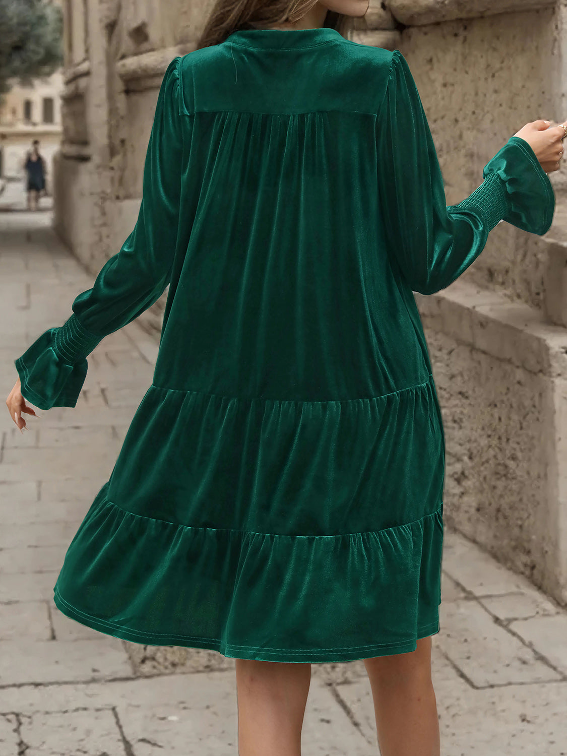 Perfee Notched Long Sleeve Tiered Dress