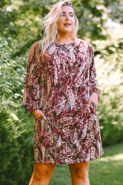 Plus Size Printed Round Neck Long Sleeve Mini Dress