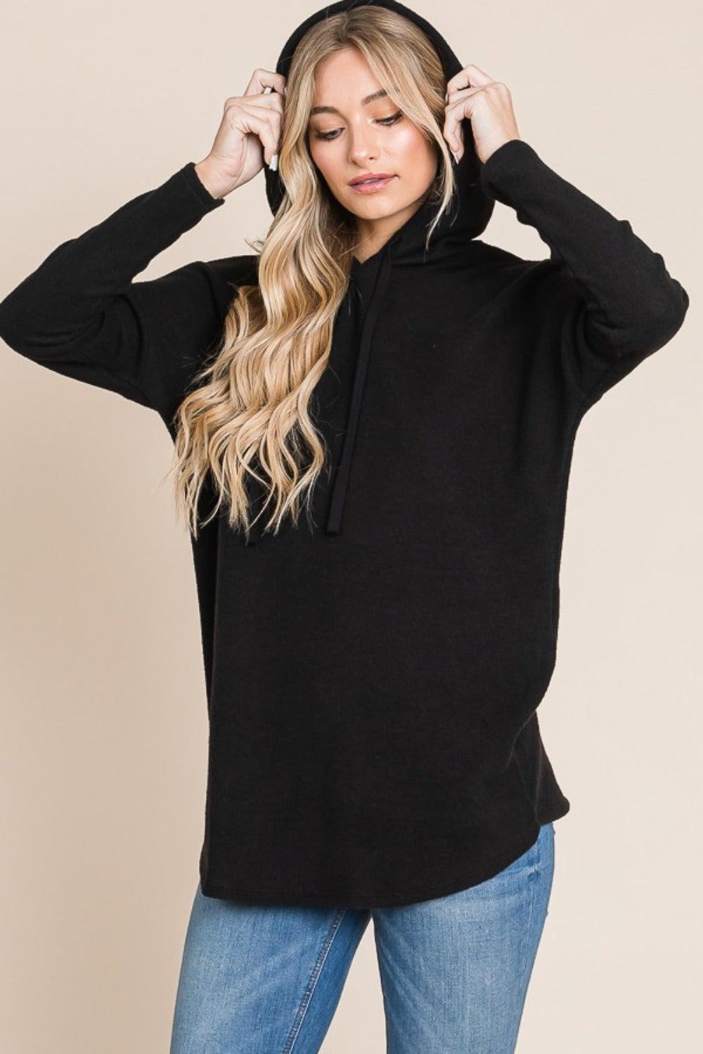 BOMBOM Contrast Drawstring Drop Shoulder Knit Hoodie