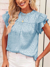 Leopard Frill Mock Neck Ruffled Cap Sleeve Top