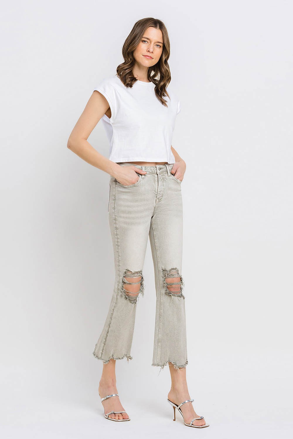 Lovervet Distressed Raw Hem Cropped Flare Jeans