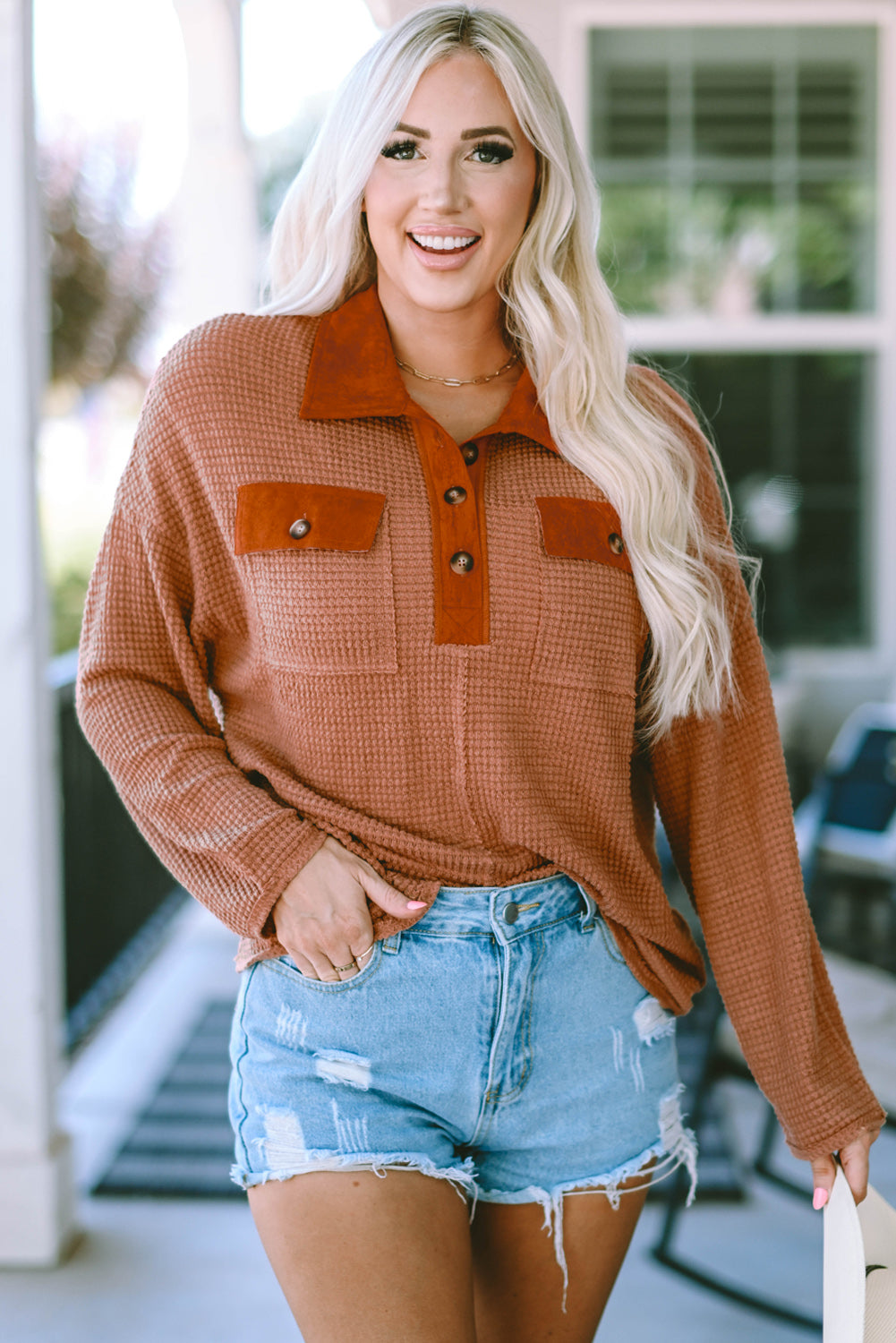 Half-Button Collared Long Sleeve Top