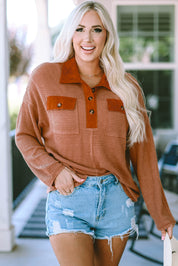 Half-Button Collared Long Sleeve Top