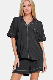 Zenana Button Down Short Sleeve Top and Shorts Lounge Set