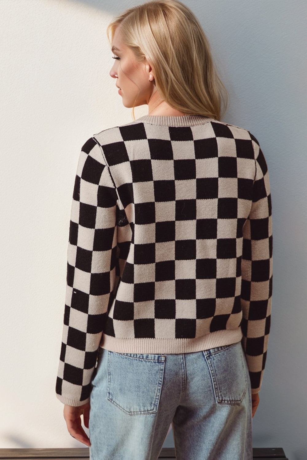 Double Take Full Size Checkered Tie Front Long Sleeve Cardigan