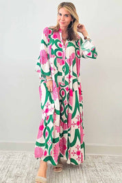 Printed Notched Long Sleeve Maxi Dress