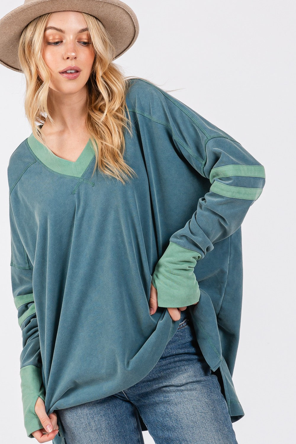 SAGE + FIG Mineral Wash Side Slit Contrast Top