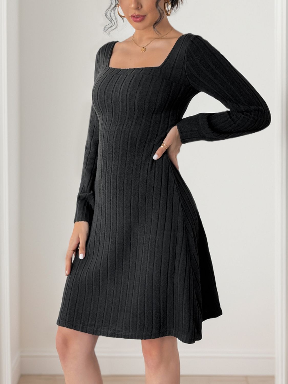 Perfee Butterfly Square Neck Long Sleeve Dress