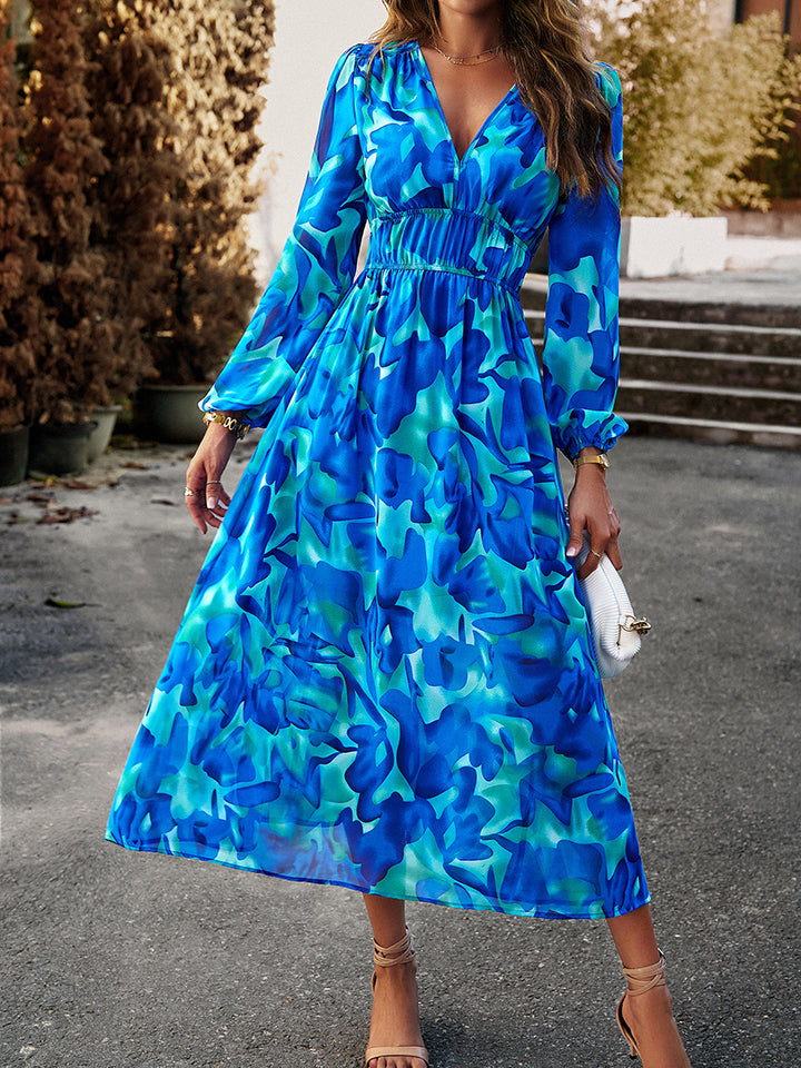 Devine Printed V-Neck Long Sleeve Midi Dress