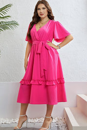 Honey Belted Frill Trim Flutter Sleeve Dress