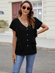 Ruffled V-Neck Short Sleeve Top