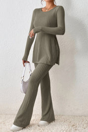 Ribbed Long Sleeve Slit Top and Bootcut Pants Set