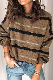 Contrast Striped Round Neck Long Sleeve Sweater