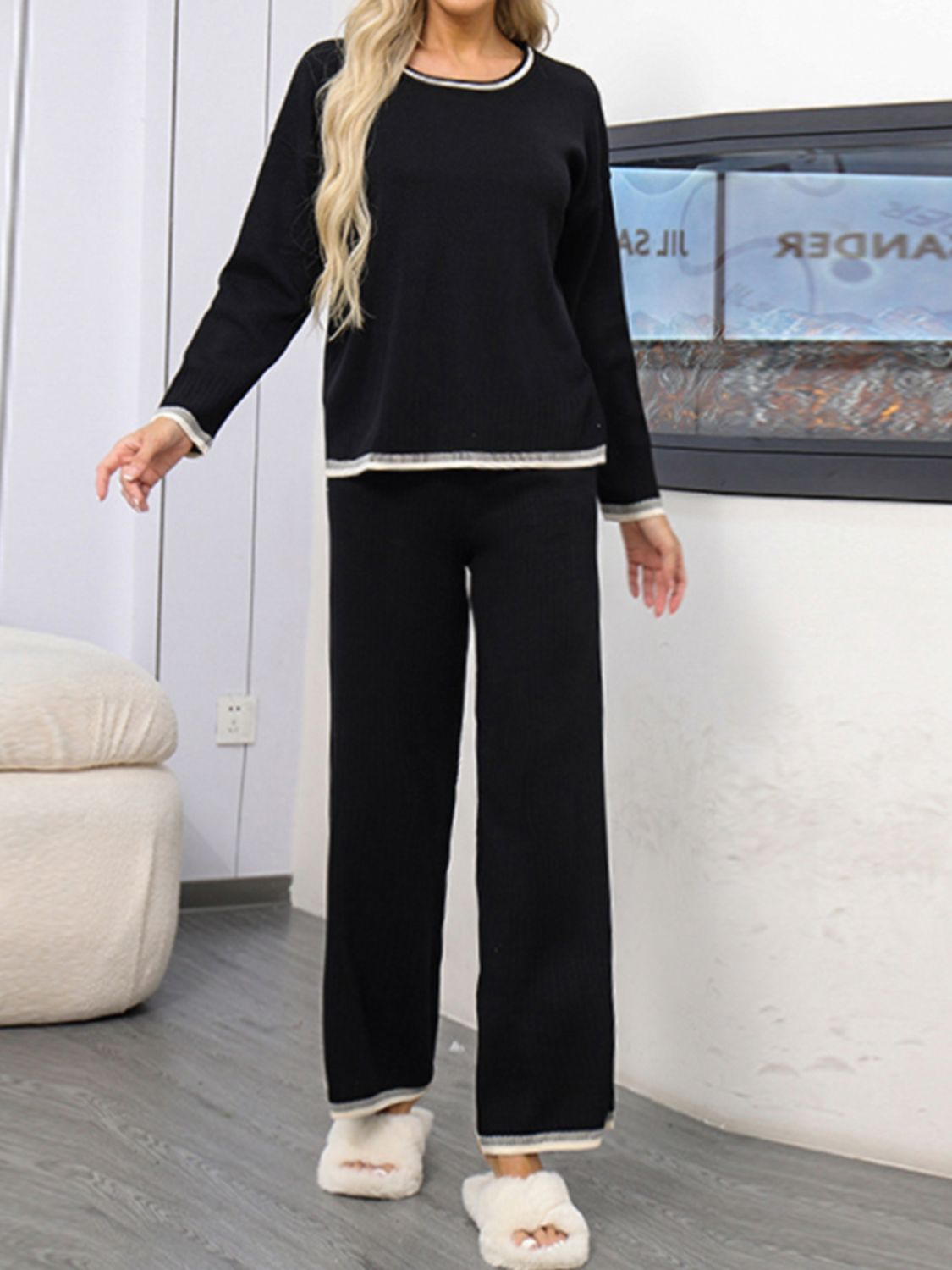 Contrast Trim Round Neck Top and Pants Sweater Set