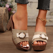 Buckle Trim Block Heel Sandals