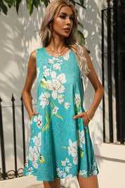 Shiny Printed Round Neck Sleeveless Dress with Pockets