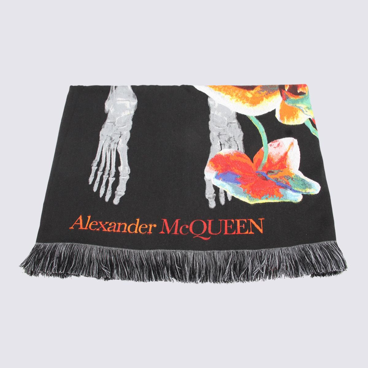 Alexander McQueen Black Multicolour Wool Blend Ordchid Skeleton Scarf