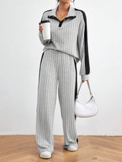 Contrast Collared Neck Long Sleeve Top and Pants Set