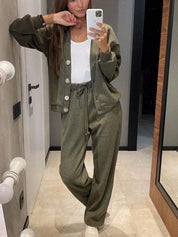 Full Size Button Up Long Sleeve Top and Pants Set