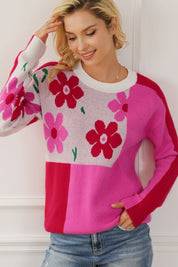 Flower Color Block Round Neck Sweater