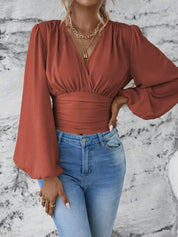 Smocked Surplice Balloon Sleeve Top