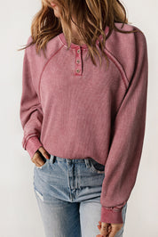 Waffle Knit Raglan Sleeve Henley Sweatshirt