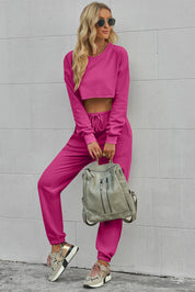 Round Neck Long Sleeve Cropped Top and Pants Set