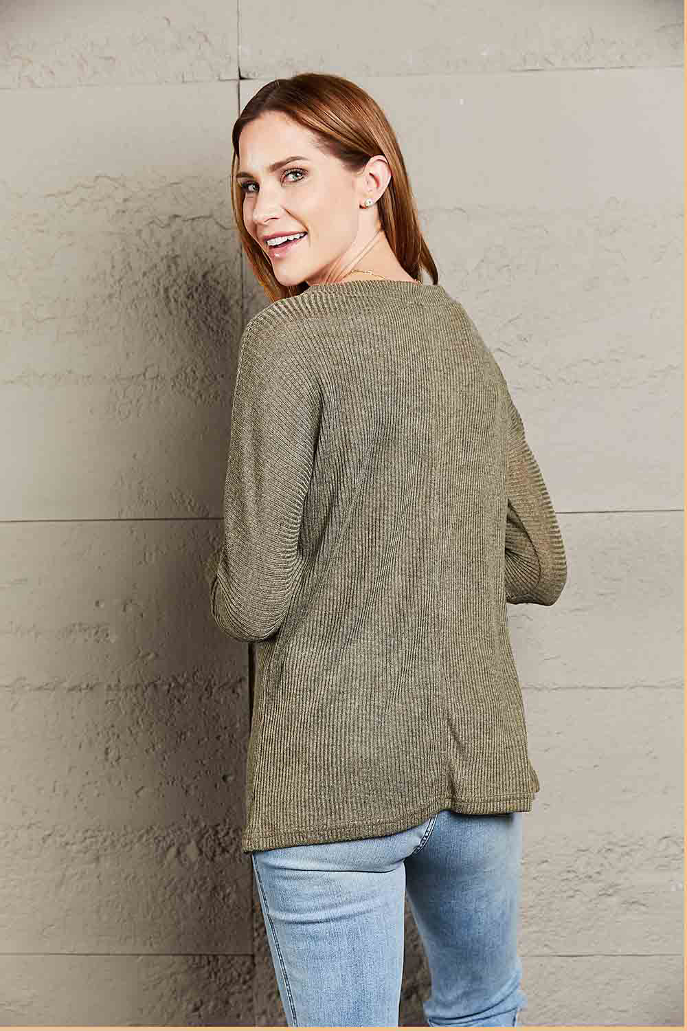 V-Neck Long Sleeve Ribbed Top