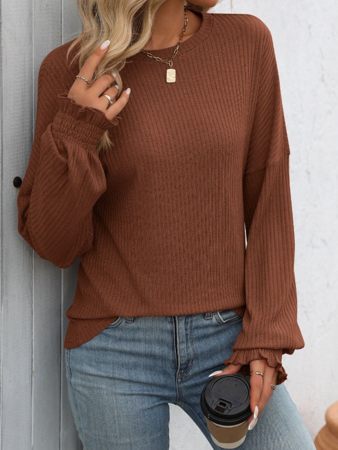 Mandy Ribbed Round Neck Long Sleeve T-Shirt