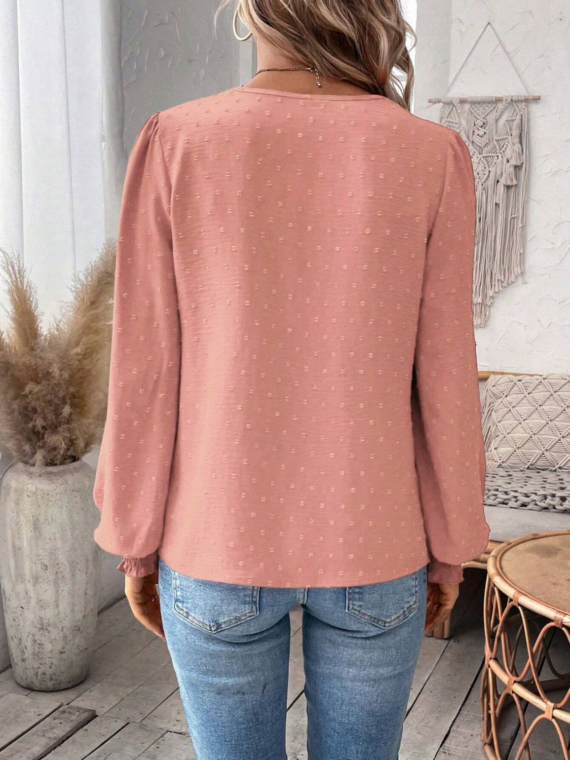 Swiss Dot Lace Detail Notched Long Sleeve Blouse