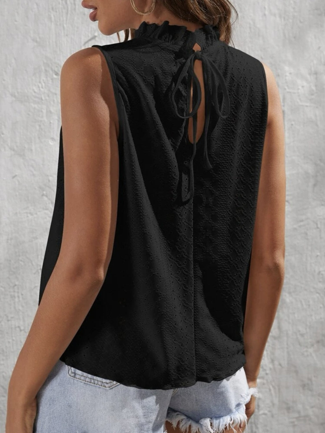 Tied Eyelet Mock Neck Tank